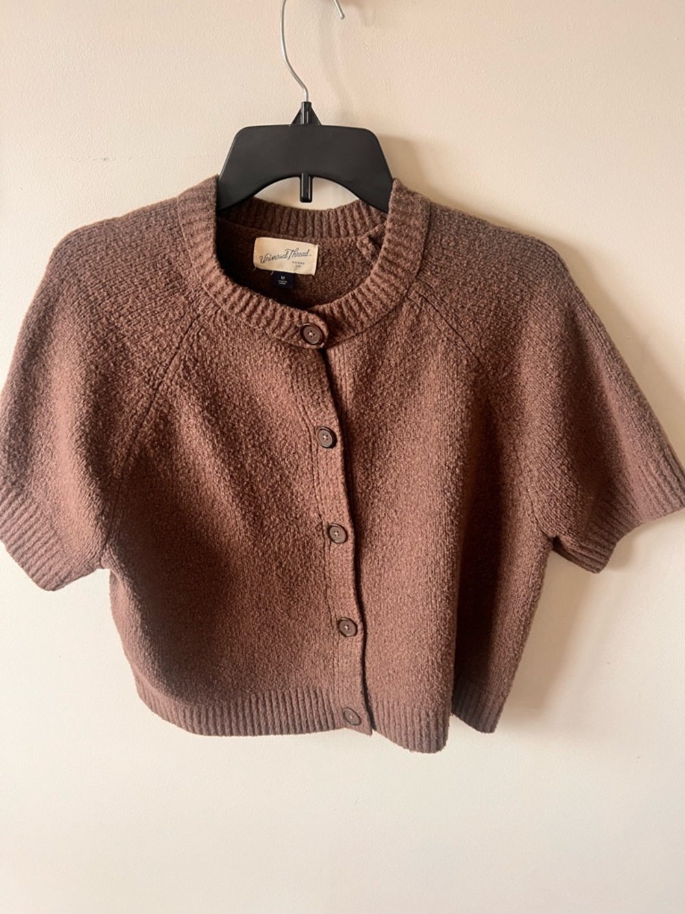 Universal Thread Short-Sleeve Cropped Button Cardigan in Brown